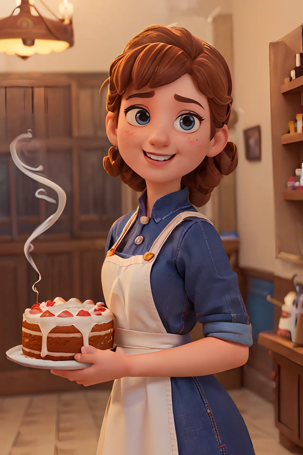 (皮克斯風格的海報，從正面看到一個穿著白色廚師制服的可愛女孩, 微笑著展示裝飾好的中型蛋糕. 俏皮的臉, (棕色捲髮, 年輕嬌嫩的肌膚, 小下巴, 短下巴. 笑的表情, 夸张表达 , （完美正確的手型） ，（煙氣: 1.37） 糖果店內部的電影背景, 高品質照片, 3D工作室照片, (大量煙霧: 1.2), 特寫攝影, 臉部特徵痕跡清晰, 角色概念艺术, 誇張,