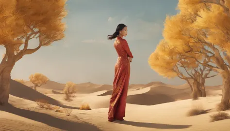magazine illustration，((in the desert))，A glamorous Chinese female model stands in the middle of the desert，a pond，A couple of tall guys(((Golden poplar：1.3)))，poplar，Fallen leaves on the ground，k hd，Sony SLR lens，Master masterpieces，Soft lights at dusk