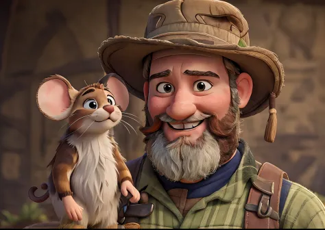 Bearded farmer smiling with hat and little mouse smiling standing on his shoulder