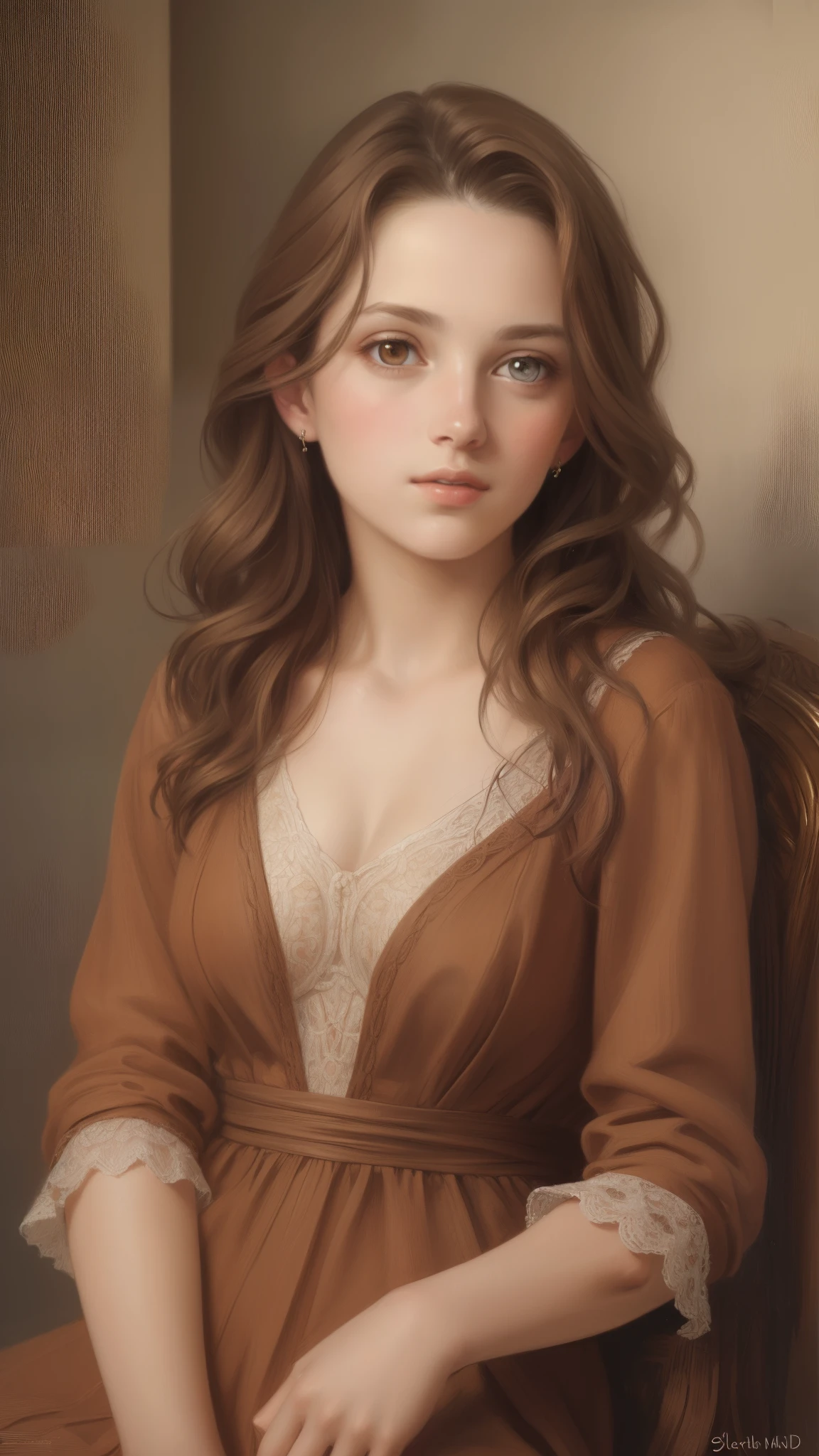 1girl, beautiful teenage girl, very small breasts, short wavy brown hair, portrait, oil painting, modern, realistic proportions, intricate, intricate details, sharp focus