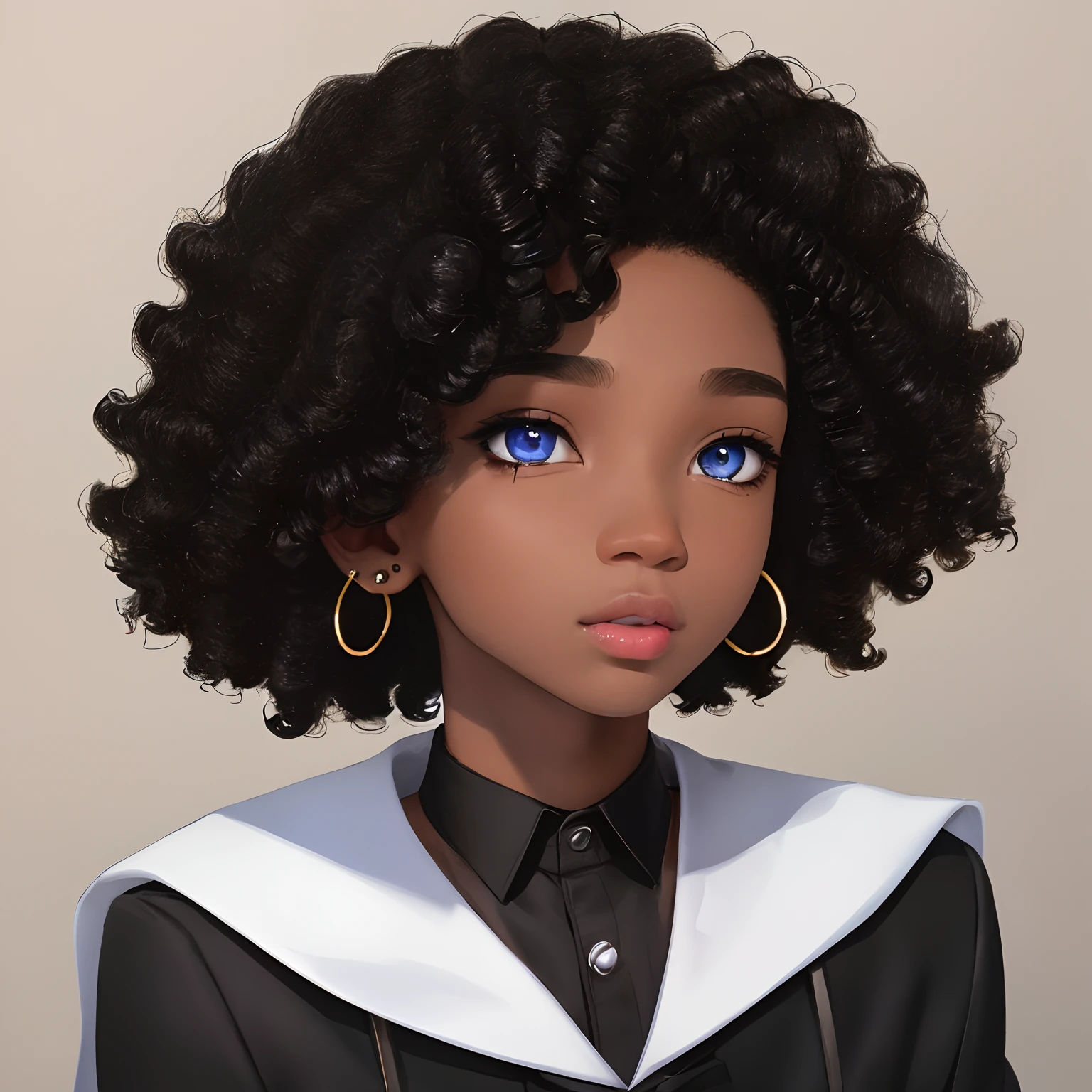young boy, androgynous male, dark skin, shiny blue eyes, school outfit, black curly hair, wide nose, full lips, drop bar earrings, cute face, perfect, anime