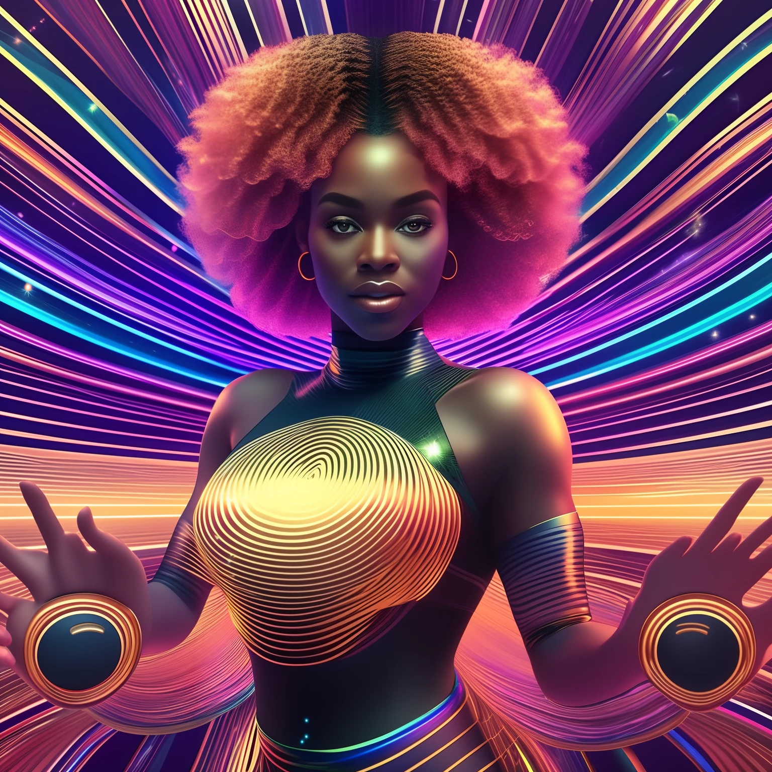 Electronic waves  in shape of a black woman floating inside a computer system, interior of a computer system with waves in shape of a woman, chips and digital codes floating around her, with bright and vibrant golden sparkling light,  with beautiful iridescent light, artgerm style, 32k, ultra HD, unreal engine rendered, hyper-realistic image --auto --s2