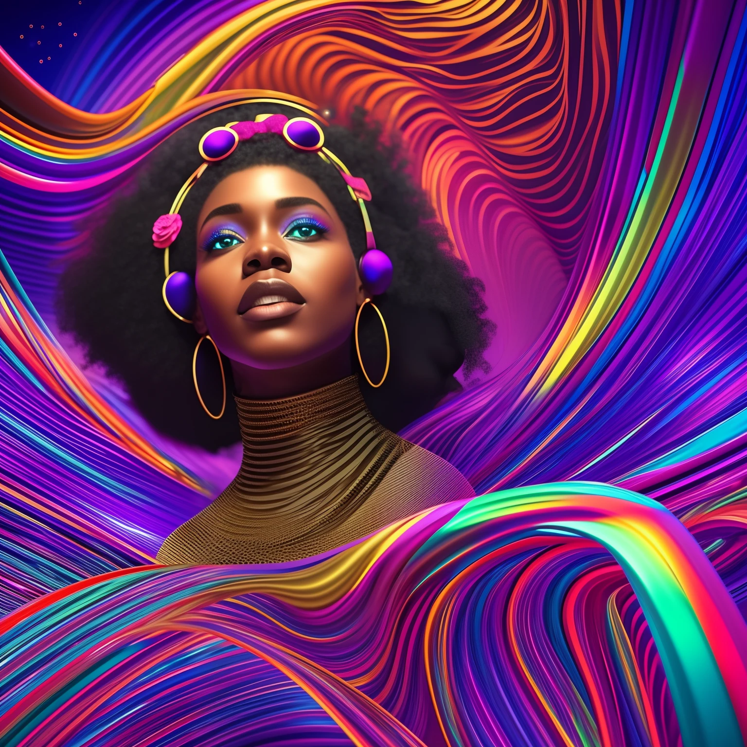 Electronic waves  in shape of a black woman floating inside a computer system, interior of a computer system with waves in shape of a woman, chips and digital codes floating around her, with bright and vibrant golden sparkling light,  with beautiful iridescent light, artgerm style, 32k, ultra HD, unreal engine rendered, hyper-realistic image --auto --s2