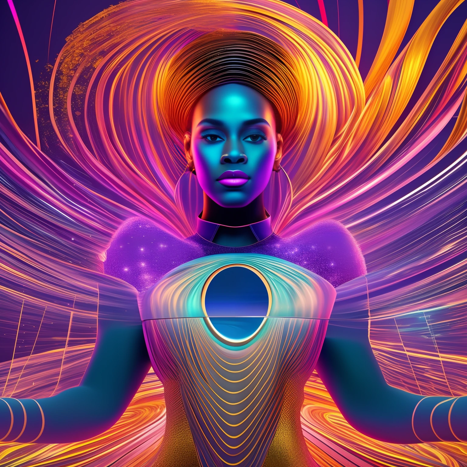 Electronic waves  in shape of a black woman floating inside a computer system, interior of a computer system with waves in shape of a woman, chips and digital codes floating around her, with bright and vibrant golden sparkling light,  with beautiful iridescent light, artgerm style, 32k, ultra HD, unreal engine rendered, hyper-realistic image --auto --s2