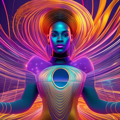 Electronic waves  in shape of a black woman floating inside a computer system, interior of a computer system with waves in shape...
