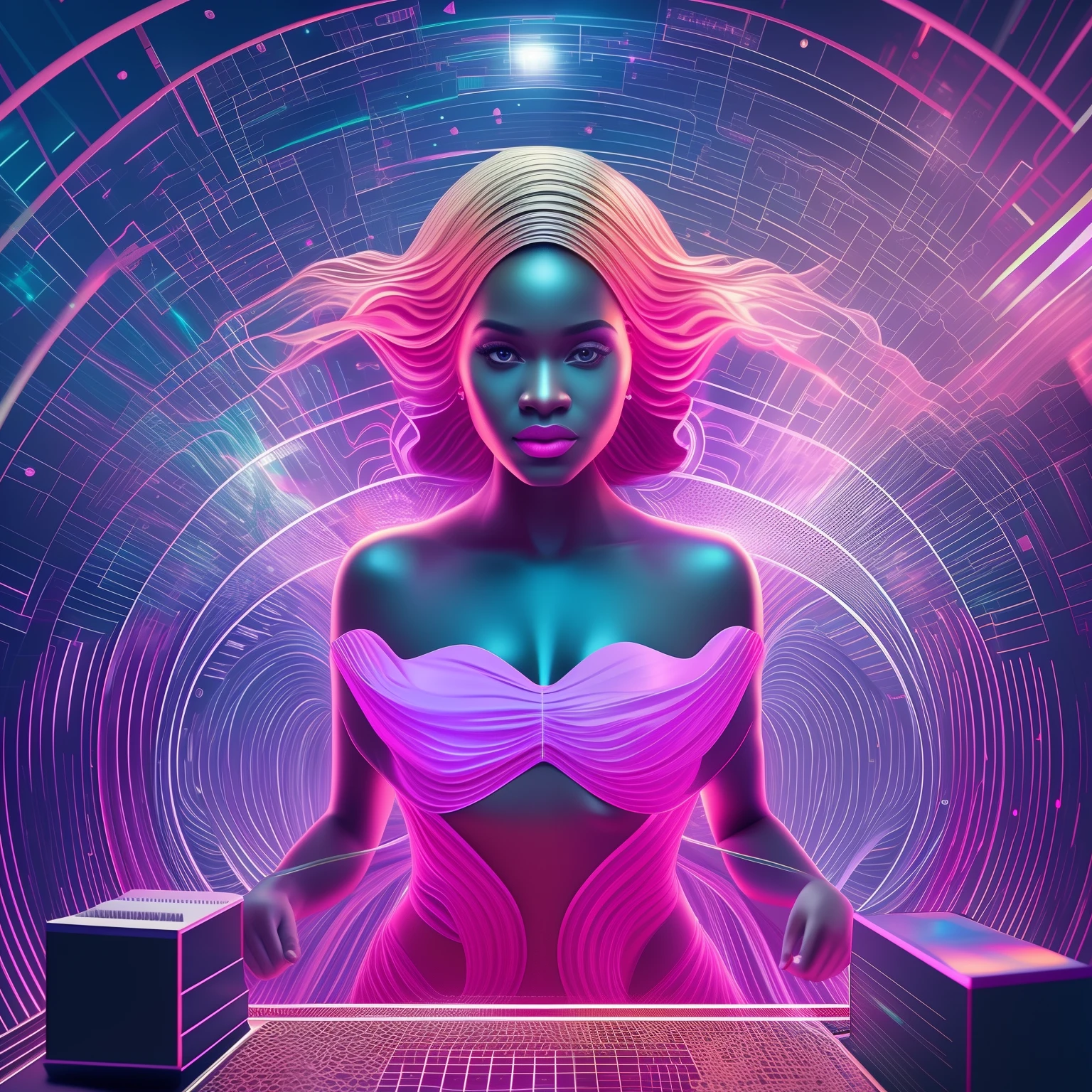 Electronic waves  in shape of a black woman floating inside a computer system, interior of a computer system with waves in shape of a woman, chips and digital codes floating around her, with bright and vibrant golden sparkling light,  with beautiful iridescent light, artgerm style, 32k, ultra HD, unreal engine rendered, hyper-realistic image --auto --s2