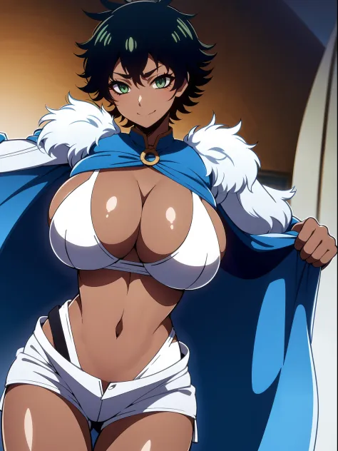 Sol is a tall, young woman with green eyes and brown skin. She sports short, ruffled black hair.

Sol wears a white tube top that exposes her cleavage and midriff, as well as white arm warmers that cover her elbows. She wears white shorts, along with white...