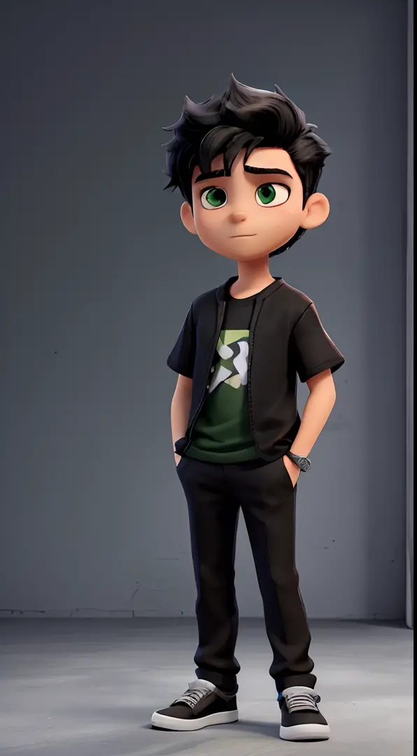 Boy 16 years old, black hair, black pants, black t-shirt, green dress shirt on top, hair combed to the side, black sneakers with white soles, heroic look, courageous, ready to face an enemy, high resolution, 8k, hard drive