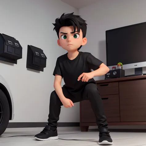 Boy 16 years old, long black hair, black pants, black t-shirt, green dress shirt on top, hair combed to the side, black sneakers with white soles, heroic look, courageous, ready to face an enemy, high resolution, 8k, hard drive