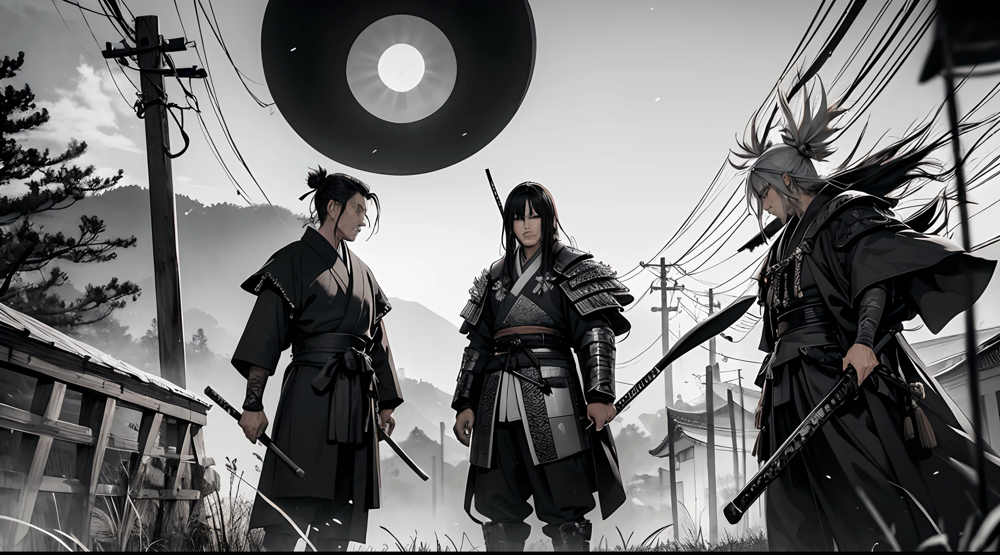 1 Samurai, Ronin, With swords, poses With swords, Walking in a rice field, Night with rays, Akira Kurosawa style, highy detailed, high resolution, cinemactic, Various details in the scenario, Japanese feudal era, Japanese Empire, black and white image