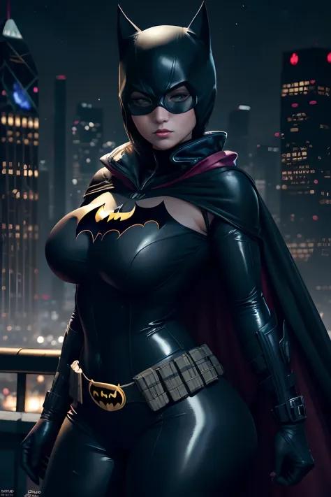 batman cosplaying in a black latex suit and cape, batgirl, anigirl batman, nighttime in gotham city, thicc, cosplay on black har...