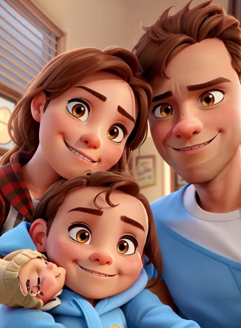 A man with light brown eyes and light brown hair and a woman with dark brown eyes holding a baby with light brown eyes and light brown hair in the disney pixar style as the Disney pixar logo.