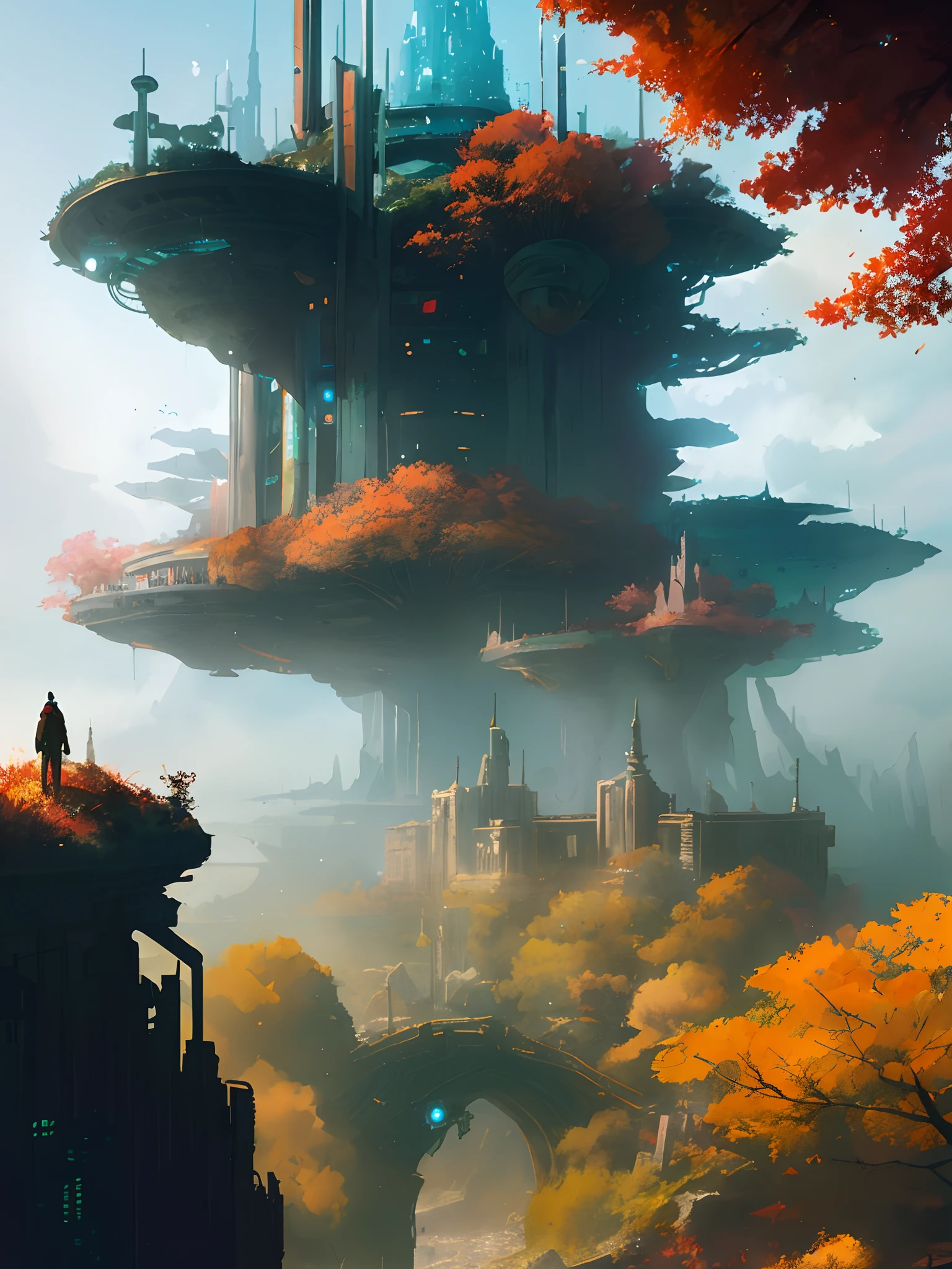 Wet watercolor painting,there is a girl standing on a hill looking at a futuristic city, paul lehr and beeple, inspired by Paul Lehr, arstation and beeple highly, epic fantasy sci fi illustration, in fantasy sci - fi city, cyberpunk in foliage, by Mike "Beeple" Winkelmann, concept art wallpaper 4k, greg beeple