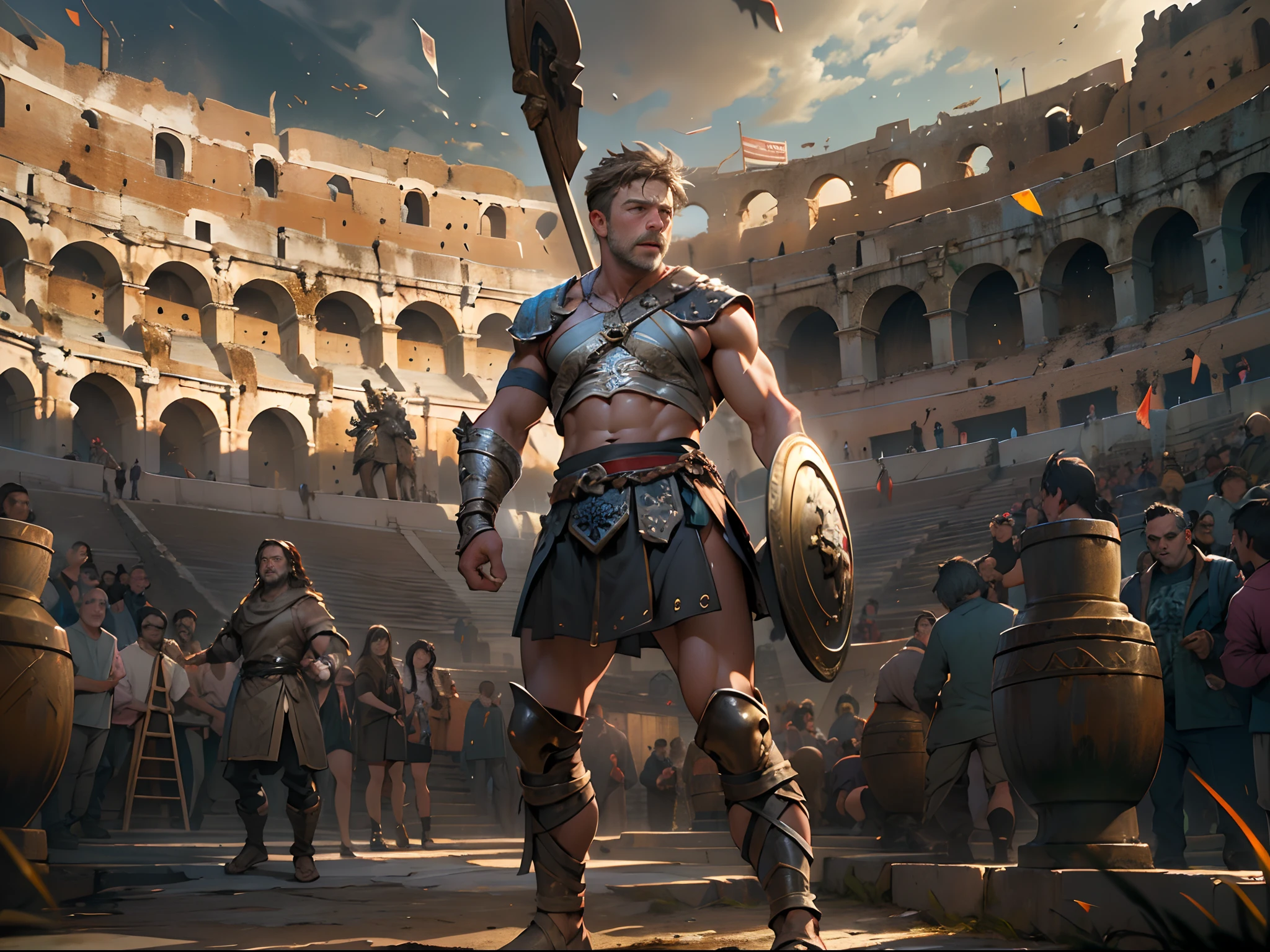 Victorious gladiators, Powerful gladiator, Russell Crowe（Russell Ella Crowe）Played by Maximus（gladiator），Short dark brown hair，Small waves，Upper torso exposed, Undress the legs from thigh to toe,  Detailed muscle physique, Lifelike depiction, 4K 分辨率. Background: The Colosseum was packed with cheering crowds.,32k ULTRAHD, Best quality, Masterpiece, Super detail, High details，Correct anatomy，Ultra photo realsisim, fearsome, Dark fantasy, epic realistic, Faded, ((com cores neutras)), (hdr:1.5), (pastel colour:1.2), ultra - detailed, (Art Station:1.5), Cinematic, warm lights, Light effect, Dramaticlight, (Intricate details:1.1), the complex background, (greg rutkovsky:0.8),