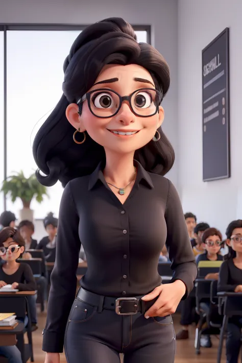 Obra prima, mulher de 46 anos, cabelo preto liso, bespectacled, in a black blouse and jeans, numa escola dando aula