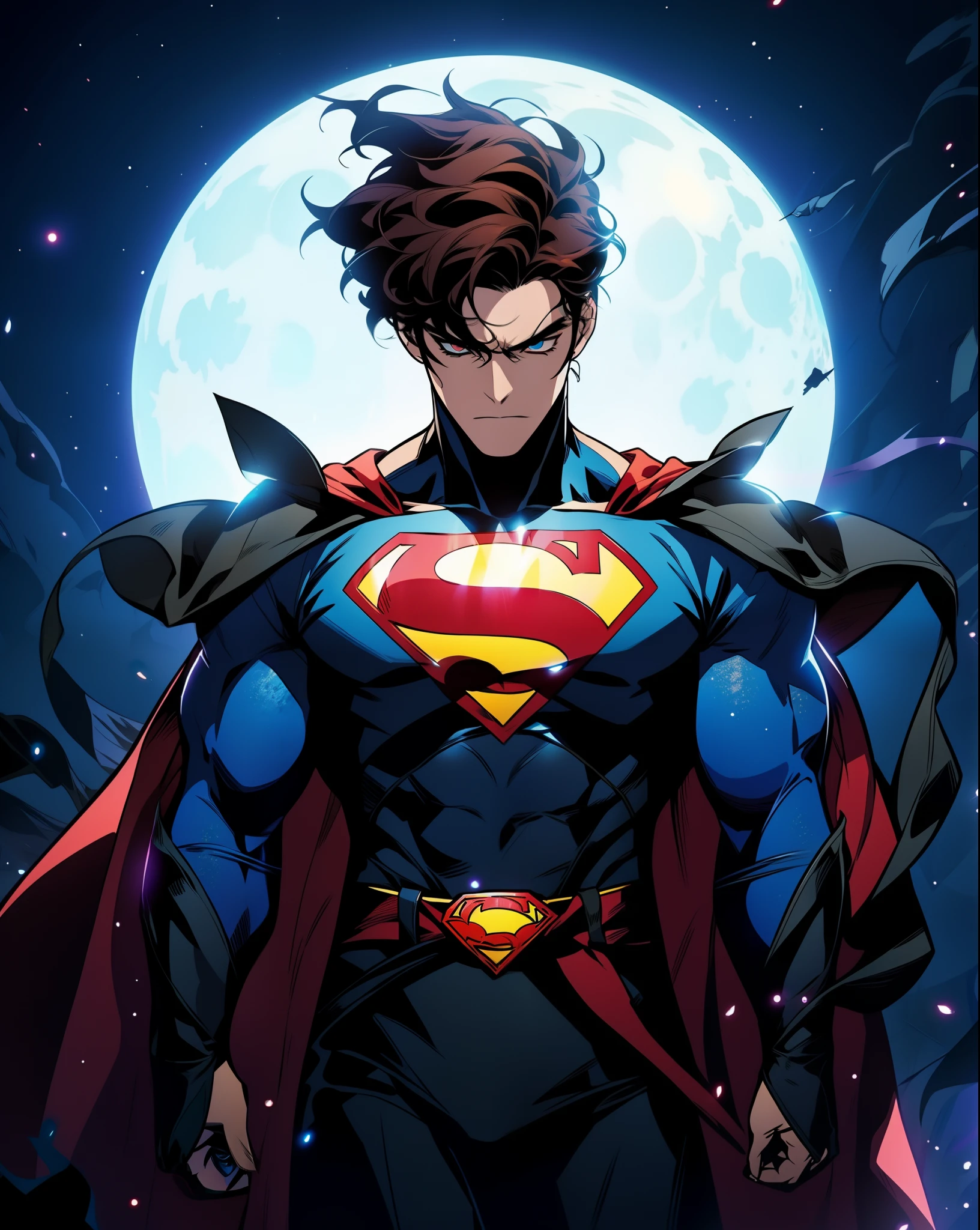 a cartoon 1male figure, superhero (similar to superman) in the dark with a full moon behind him, badass anime 8 k, superman (heroic appearance), anime style 4 k, super high quality art, super buff and cool, anime epic artwork, dc comics art style, the strongest superhero (unknown,  new form of strength), dark supervillain appearance, super hero art, epic comic book style, extremely detailed artgerm, profile picture 1024px, supervillain eyes,