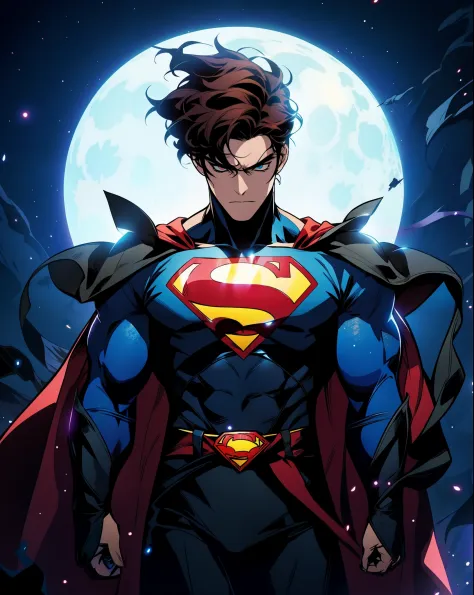 a cartoon 1male figure, superhero (similar to superman) in the dark with a full moon behind him, badass anime 8 k, superman (heroic appearance), anime style 4 k, super high quality art, super buff and cool, anime epic artwork, dc comics art style, the stro...