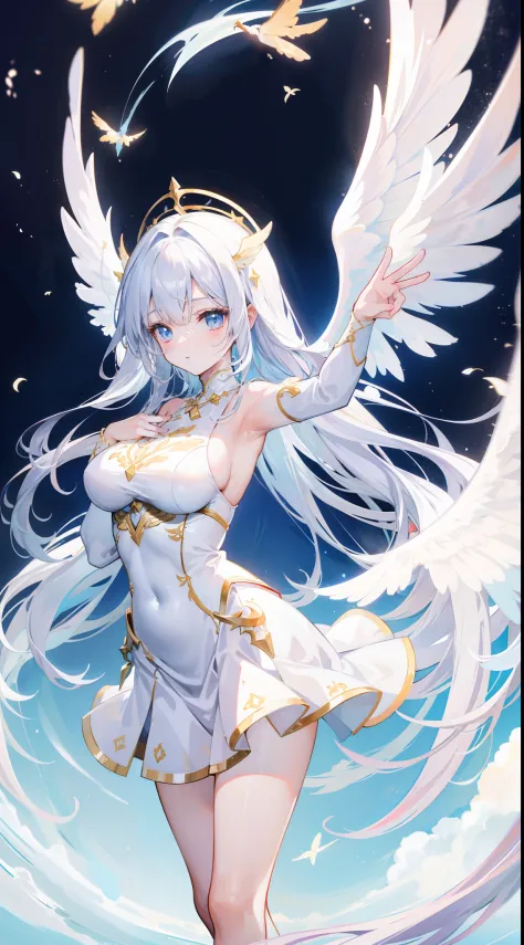 a beauty girl，(angelicales)，Pure white，(Huge wings)，Six pairs of wings，Holy，standing on your feet，Frontal photo，Look at us，Prayer Form，(Fly in the air)