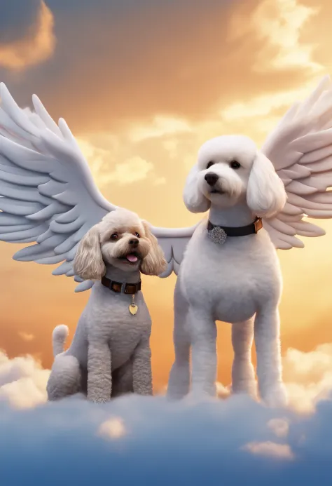 Create a poodle dog with angel wings on his back in Disney Pixar style, Next to a black Labrador dog with angel wings on his back, Against a blurred background of blue sky with clouds