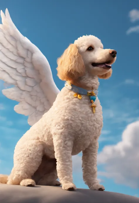 Create a poodle dog with angel wings on his back in Disney Pixar style, Next to a black Labrador dog with angel wings on his back, Against a blurred background of blue sky with clouds
