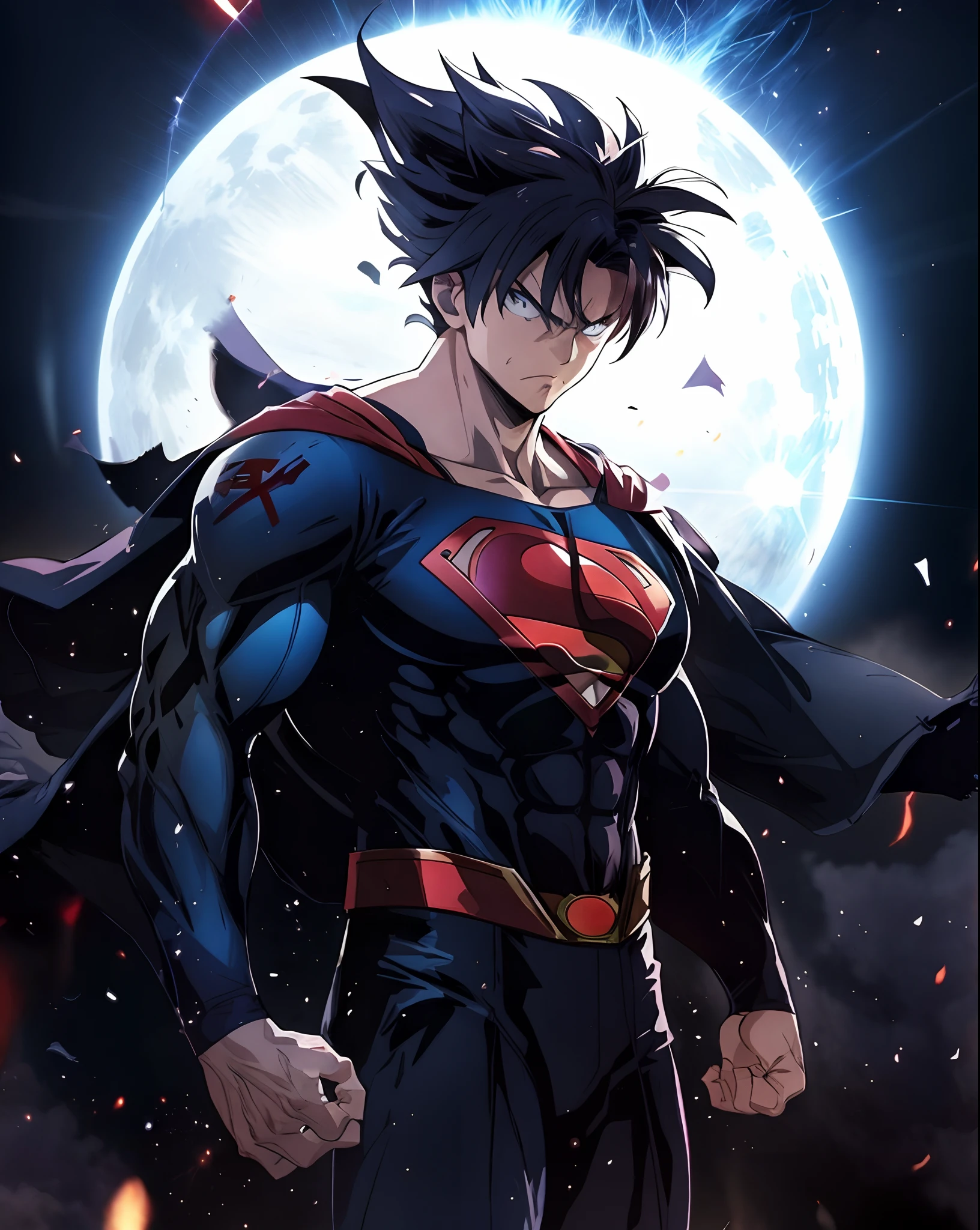 Ein Online-Comic-Stil, Webcomic-Kunst, Eine Nahaufnahme eines Mannes in einem Superheldenkostüm, der vor einem Vollmond steht, 4 K Manga-Hintergrundbild, Badass-Anime 8 K, super muskulös und cool, (Ähnlich dem Superman-Körpertyp), Der stärkste Superheld, epische Anime-Kunstwerke, Anime-Stil 4k, ein epischer Anime eines Energiemannes (Er ist über 9000), Ultra-Instinkt, 4K-Anime-Hintergrundbild, Superman-Pose, DC Comics Kunststil, offizielle Kunst, wallende Haare