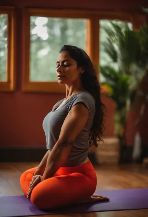 Woman sitting in a yoga pose on a purple mat - SeaArt AI