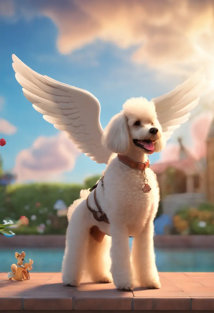 Crie no estilo Disney Pixar, A poodle dog with angel wings on its back , Next to a black Labrador dog with angel wings on his back, Against a blurred background of blue sky with clouds