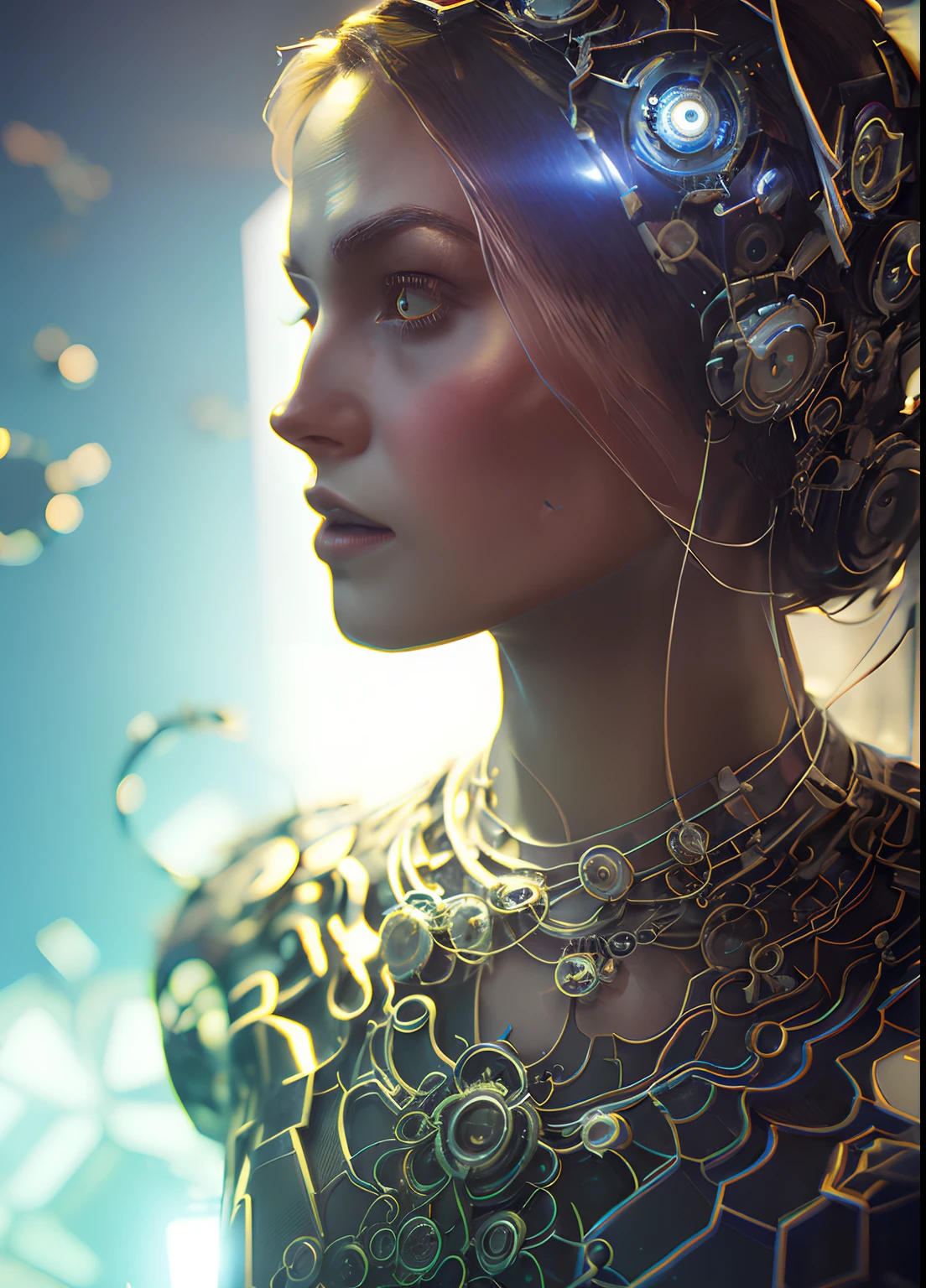 (chromaV5:1.2) Charlie Bowater realistic Lithography sketch portrait of a woman, flowers, [gears], pipes, dieselpunk, multi-colored ribbons, old paper texture, highly detailed