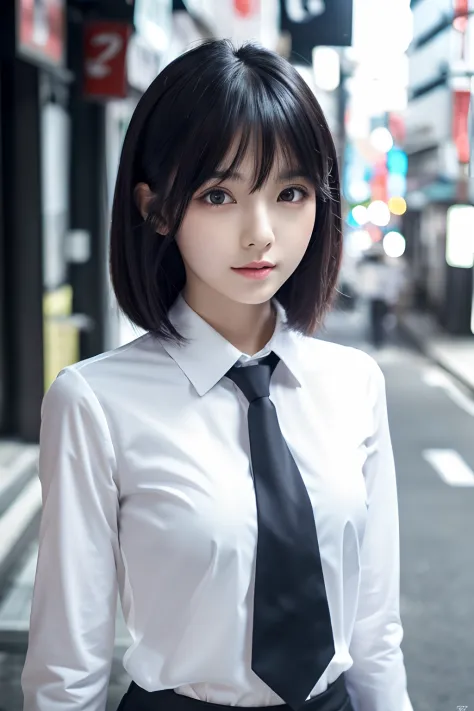 (1girl in), Japan at 25 years old,Medium head of black hair, Amazing face and eyes, Black tie,White shirt with long sleeves,((Best Quality)), (Ultra-detailed), (extremely detailed CG unified 8k wallpaper), Highly detailed, High-definition raw color photos,...