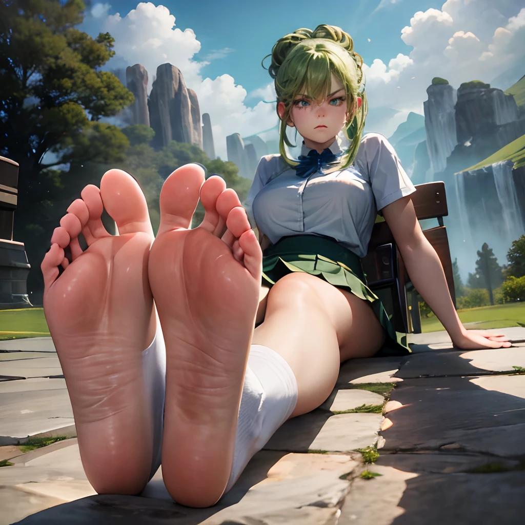 A woman sits in a chair，Feet up, Green hair, Skirt, shirt, White socks, Towering over the landscape, angle of view, looking down at you, angry look，Close-up of the soles of the feet