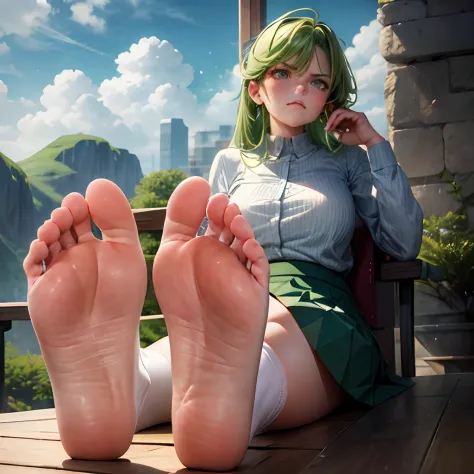 A woman sits in a chair，Feet up, Green hair, Skirt, shirt, White socks, Towering over the landscape, angle of view, looking down...