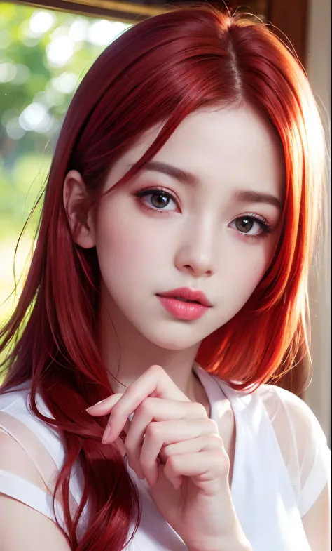 (8k, RAW photo, photorealistic: 1.25), (lip gloss, eyelashes, bright face, glowing skin, red hair, best quality, ultra high resolution, depth of field, chromatic aberration, caustic, wide lighting, natural shading, Kpop idol) looking at the viewer with a s...