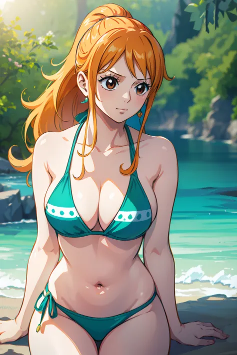 Nami from One Piece, long orange ponytail hair, beautiful brown eyes, blushing cheeks, wearing a vibrant bikini, enjoying a sunny day at the beach. The art style should resemble a captivating anime style.

For the image quality, please prioritize (best qua...