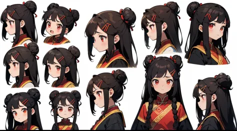 (((detailed character sheet, frontal view, side view, three quarter view))) (((white background))), masterpiece, best quality, chibi, GenshinAvatar, masterpiece, best quality, 1girl, symbol-shaped pupils, long hair, fluffy bangs, large hair buns, Chinese c...