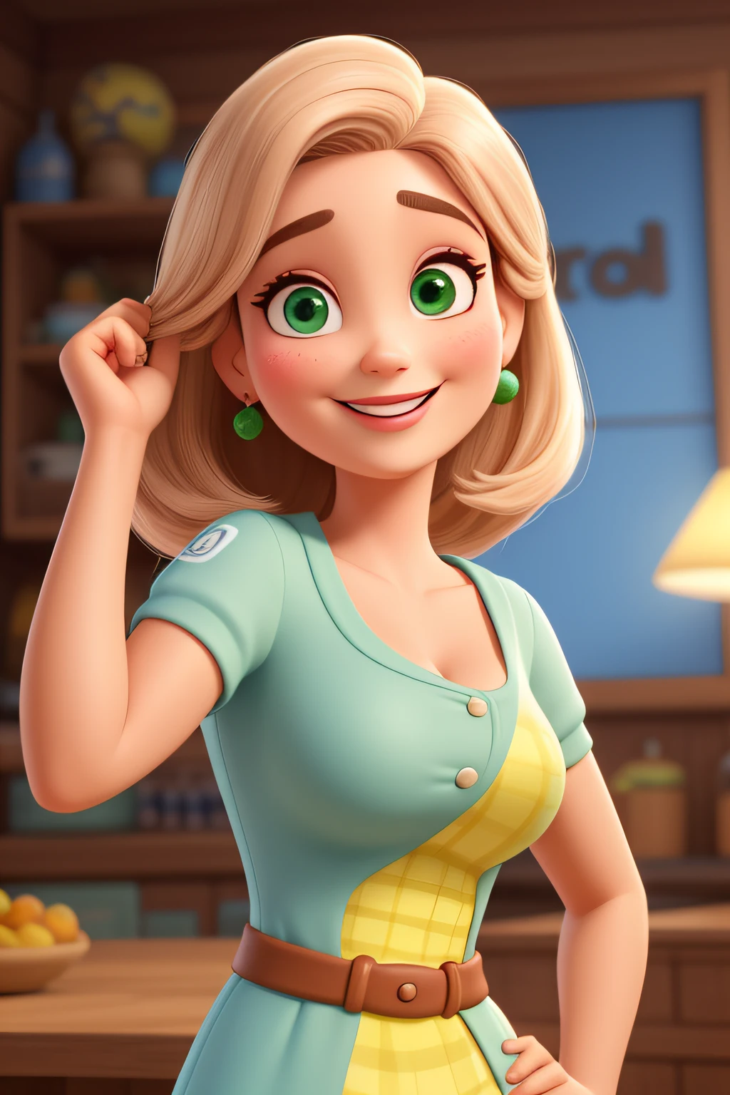 A 40 year old woman, ESTILO DINEY PIXAR, high qualiy, best qualityer, with blond hair, Round face, round face with charming smile, and green eyes