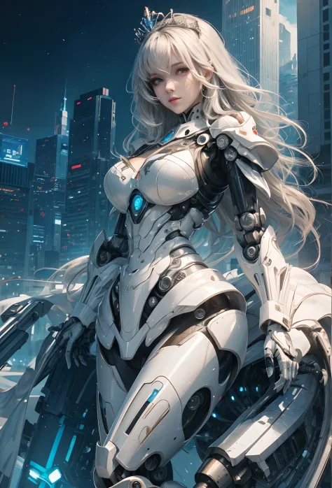 (Detailed illustrations,Very detailed and detailed drawing,Delicate lines with slow and rapid,Realistic texture expression),[Color tressed main line],[Skyscrapers of a modern city can be seen in the distance], ((ANIME)) (Giant white ROBOTGirl SKINNY toweri...