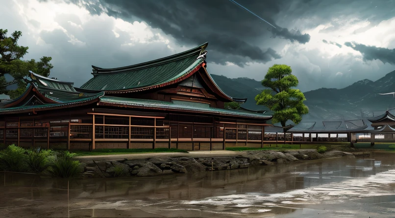 Szenario, Kampfspiel-Hintergrund, fantasy Szenario, Soul Calibur 4 inspirierter Hintergrund, irgendwo im feudalen Japan, Stürmischer Himmel, regnet, dunkle Umgebung, Konzeptkunst, halb 3d