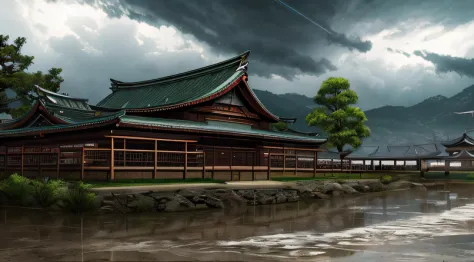 scenario, fighting game background, fantasy scenario, soul calibur 4 inspired background, somewhere in feudal japan, stormy skie...