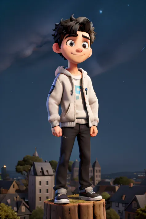The background is a city, Perfect boy with black hair,hoody, short  hair, greene eyes, super heavy, ssmile, Night Core, Stand on a tree, looking at the stars, Super detailed face，There are blemishes and a little dark circle under the eyes.