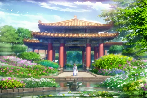 there is a gazebo in the middle of a pond full of flowers, chinese architecture, ancient chinese architecture, chinese style, tr...