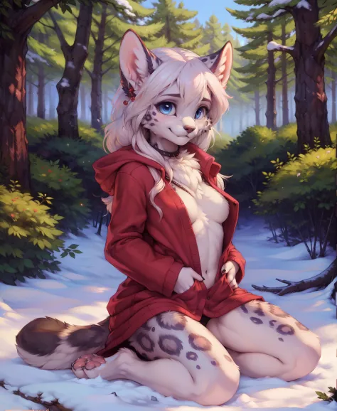 red coat, girl covered on blood, blood on snow, winter forest, realistic snow, detailed background, furry female, snow leopard, body fur, fur, anthro, fluffy, neck fur, animal ears, animal nose, blush, pawpads, outdoors, blue detailed eyes, long hair, hair...