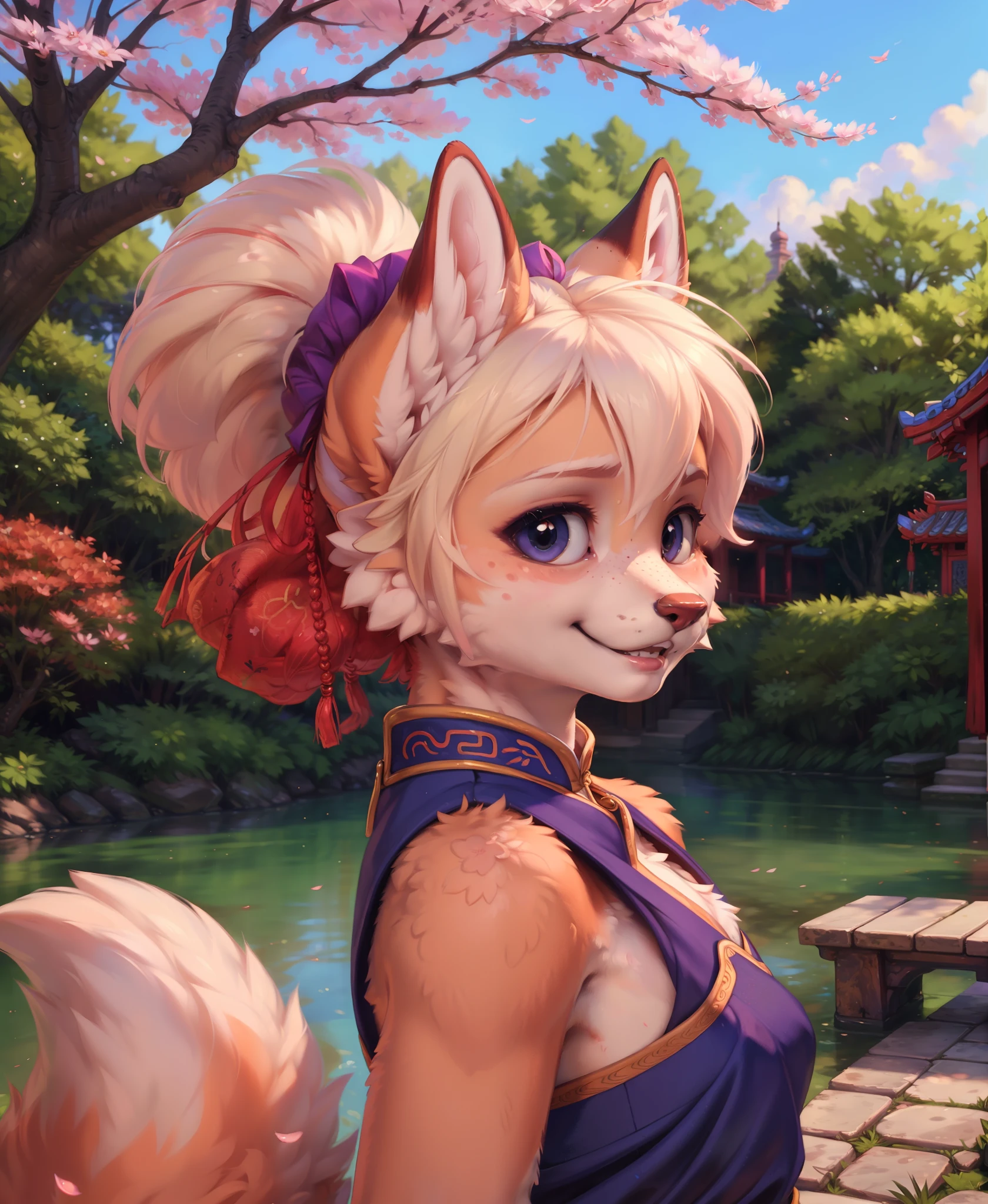 (fox ears, fox nose, small breasts, fluffy tail, traditional chinese outfit:1.1), cherry blossom tree, fall, outdoor, daytime, close up face, hair ornament, hair bun, happy, cute, solo, 1girl, female, anthro, smile, blush, round face, freckles, side view, (by Hioshiru, by einshelm:0.9), masterpiece, best quality, photorealistic, hyperrealistic, ultradetailed, detailed background, photo background, digital drawing(artwork), by foxovh, by  personalami, by thebigslick, by dagasi,