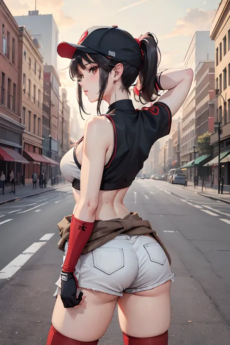 masterpiece, best quality, pdsivir, baseball cap, ponytail, white crop top, elbow gloves, short shorts, clothes around waist, large breasts, red thighhighs, from behind, looking at viewer, arms behind head, street, road, city