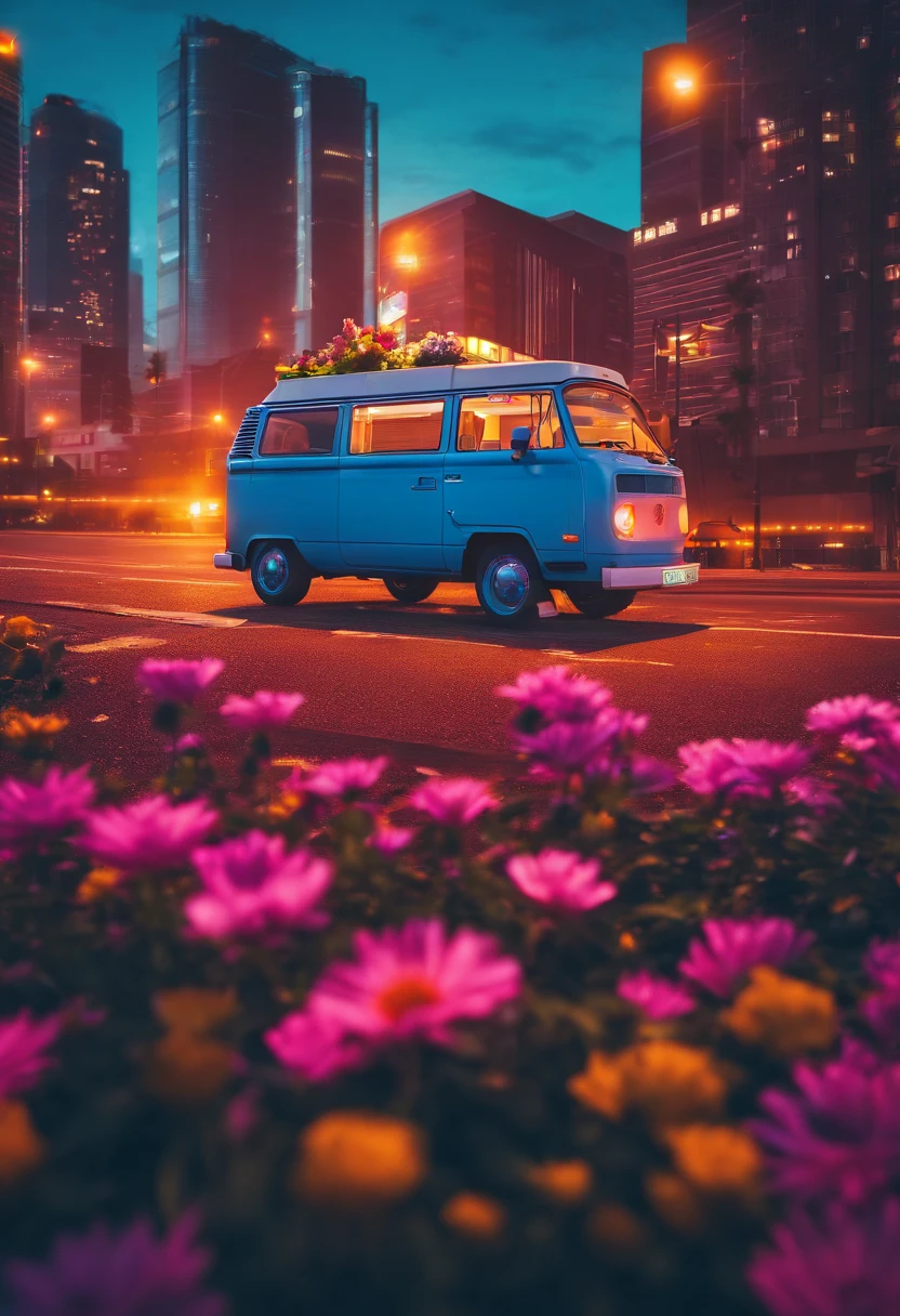 cinematic photo of two hot lesbians having sex in front of a light blue  volkswagen t3 van camper that is parked on a beautiful field with flowers -  SeaArt AI