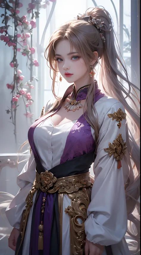 1 beautiful girl in Han costume, ((white thin purple silk shirt with a lot of texture)), white lace top, long purple platinum po...