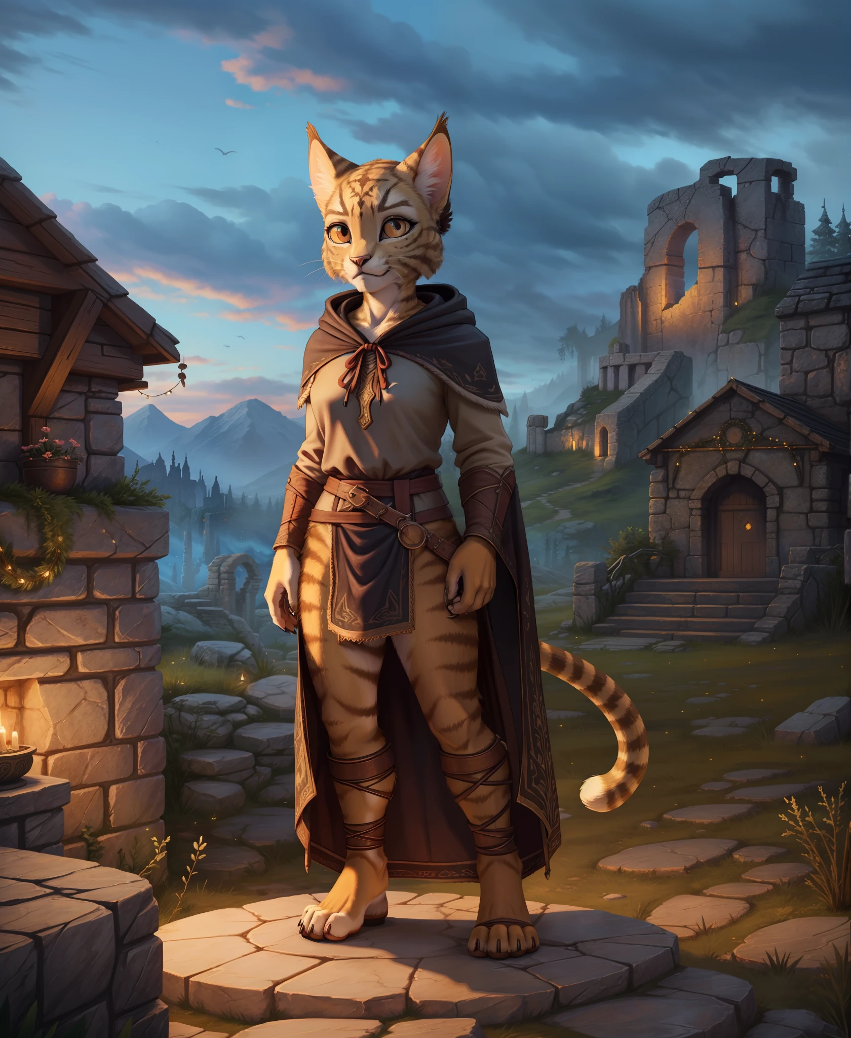 hand drawn, detailed background, ancient Nordic ruins at dusk, twilight sky casting a mesmerizing glow, outdoor ambiance, (Khajiit:1.4)female character standing on a stone platform, (lean and agile physique), (smooth golden fur with dark striped patterns), piercing amber eyes, ((pointed cat ears):0.8), ((whiskers that twitch as she looks around):0.9), (sharp claws on her hands and feet), she wears traditional Skyrim attire, (ornate leather armor with intricate engravings), (hooded cloak for stealth), (a bow strapped across her back), confident and determined expression