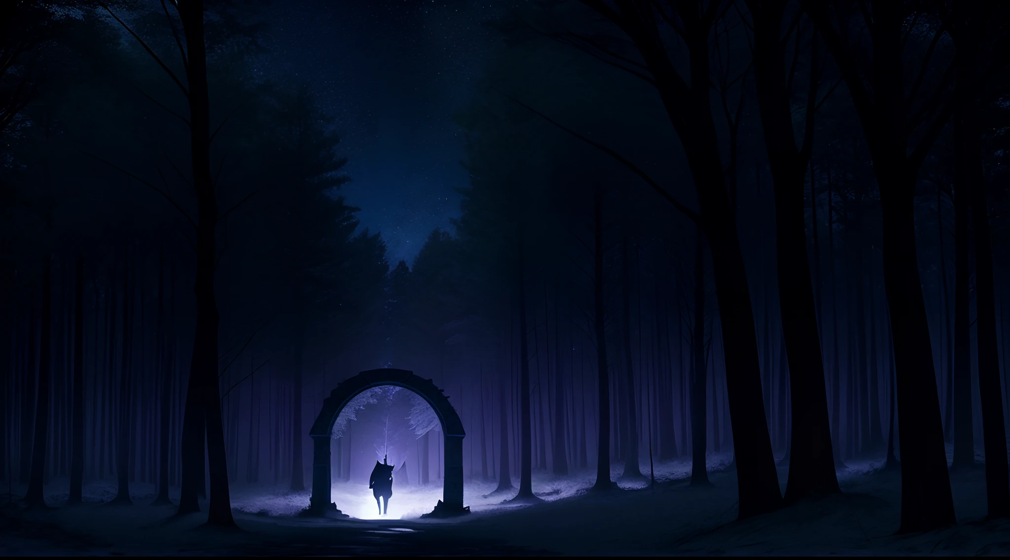 Envision a tranquil, mystical forest at dusk. A hidden portal to a realm of forgotten myths awaits. Illustrate a lone male deer silhouette, venturing to unveil the portal. Use a DSLR for sharp photography. Palette: moonlight silver, dusk purple, starlit blue.