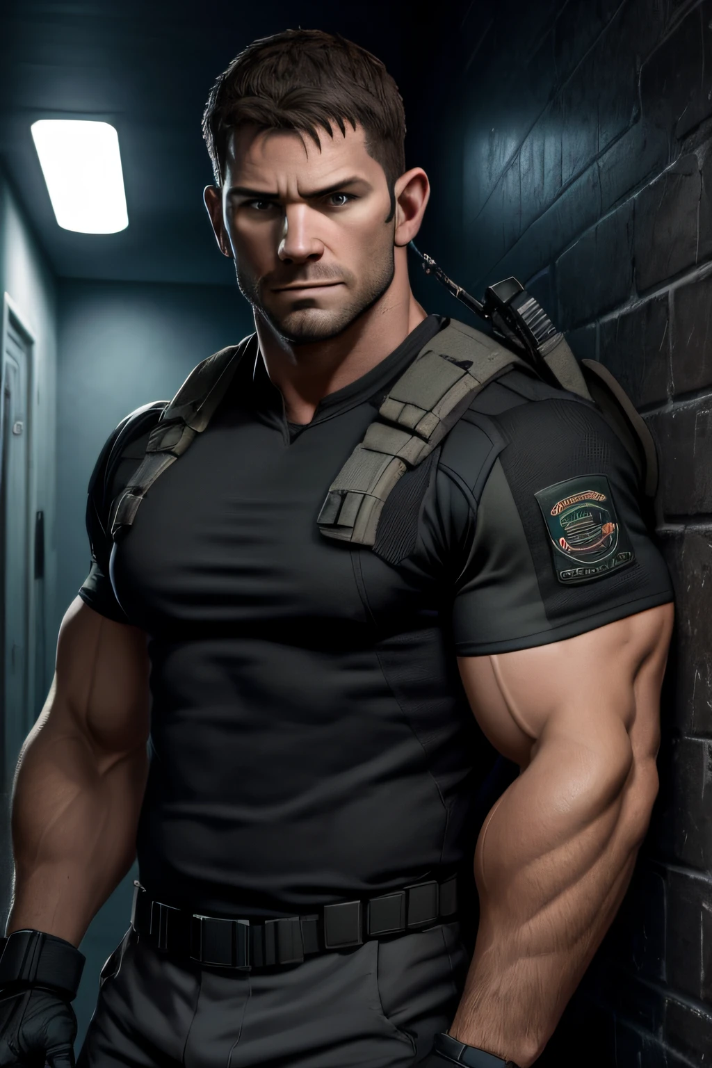 1 man, solo, 35 year old, Chris Redfield, wearing a grey T-shirt, smirks, looking at the camera, black color on the shoulder and a bsaa logo on the shoulder, military tactical suit, equipment, tall and hunk, biceps, abs, chest, best quality, masterpiece, high resolution:1.2, upper body shot, dark black gloomy hallway with not background
