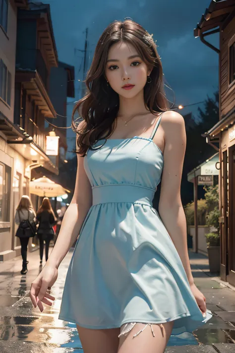 (best quality, 8k, masterpiece: 1.3), clear focus: 1.2, beauty: 1.4, abs: 1.1, brown hair, aqua dress: 1.4, outdoor activities a...