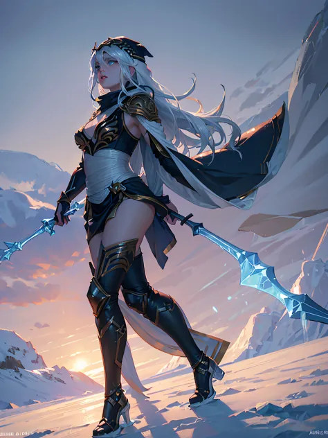 Ashe (((holding only an ice bow))), long moving sideburns, bright ocean blue eyes, place with lots of snow and snowy mountains, ...